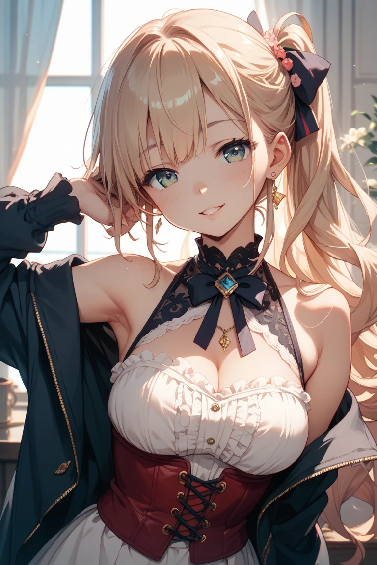 ((highest quality)), (master piece), best illustrations, (8k), young girl, Medium chest, You can see a little cleavage, Less exposure, ((Stinking eyes)), (((I'm very embarrassed))), [[inviting eyes]], ((Naughty eyes)), ((upward glance)), blushing, steam, ((doing peace))