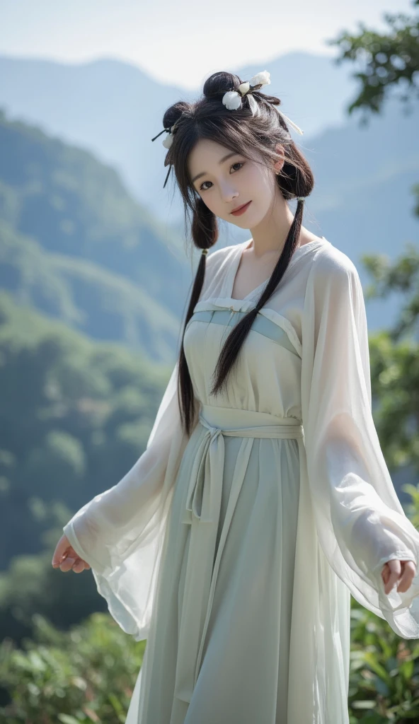 ((4k,masterpiece,best quality)), shuimobysim, traditional chinese ink painting, lotus, hanfu, maxiskit, dress conservatively 1girl, solo, long blue hair, smile, standing, feet in the water, barefoot,