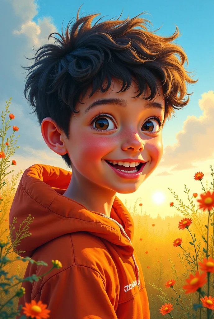 a small boy, very kind cute boy, smiling with curly hair,bright eyes, playing in the garden, garden with lots of flowers, Hyper Realistic 3 D render, 3 D render character art 8 K, Hyper Realistic Render, lovely digital painting, hyper realistic style, ultra realistic render