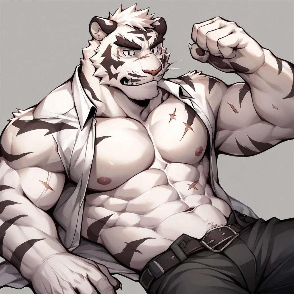 A large, muscular anthro white tiger wearing torn jeans and no shirt