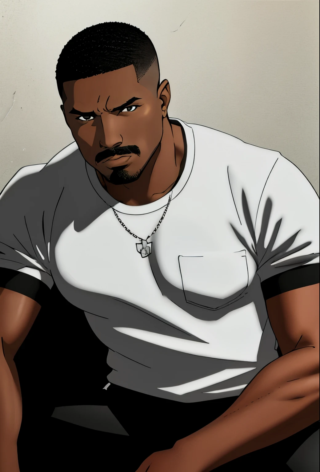 Masterpiece, Best Quality, Ultra-Detailed, 1man in, mustache, solo, black skin, tanned skin, brown skin, latino, black hair, (Mid Fade Buzz Cut:1.0), brown pupils, taned skin, heavy set, strong, thick body, detailed skin, angry face, (wearing black t-shirt, 1.1), white background, 4k textures, soft light, elegant, highly detailed, sharp focus, soothing tones, insane details, intricate details, hyperdetailed, low contrast, exposure blend, hdr, faded