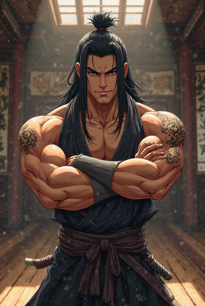 big, muscular man with scars on his arms (handsome man) (muscular man). black hair and short ends, very pointed and straight. small gray eyes. Only with a thong, with black bandages on arms and hands. A military chain around the neck and a ?????? in the mouth (masterpiece), (Best Quality), (ultra detailed), (illustration)