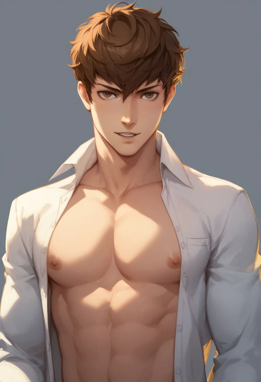(masterpiece,best quality,ultra_detailed,highres,absurdres),1 mature male, 30-ish, (wide shoulder), ((no chest hair)), male focus, solo, ((undercut)) ((short hair)) brown hair (light brown eyes), simple background, full body, wearing shoes,looking at viewer, parted lips, round eyewear, long sleeves, showing a bit of muscles, smirk smile face, wearing thong, fully nude