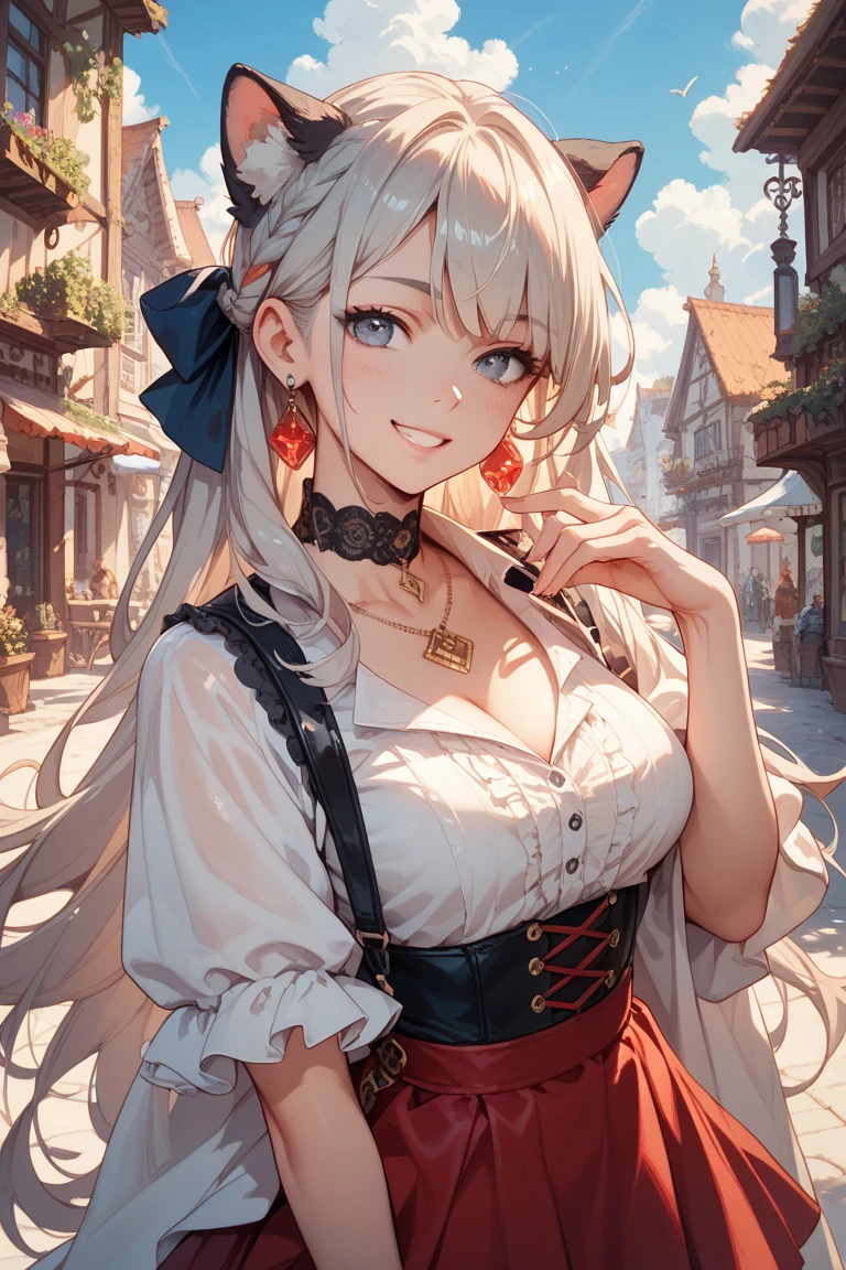 A woman wearing traditional dirndl dress, silver hair, long hair, pigtail hair, red eye, blue eye, multicolored eyes, big breasts, smiling, walking on a stone walkway in medieval style, city in traditional German aesthetic, some trees on site, close view, traditional lamps..UHD , prime work , accurate , anatomically correct , textured skin , super details , high quality , best quality, 8k, high resolution, bokeh effect. (woman alone)