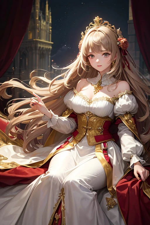 Artistic AI Art Galaxy(masterpiece:1.2, Highest quality), (Beautiful, detailed eyes: 1.2), High resolution, (Beautifully detailed face), (One girl:1.2), Blake: A figure in a red and white dress with gold trim.、Standing in front of a window with red curtains and gold ornaments。. The dress is gorgeous and sophisticated., Multi-layer structure. This character has long, flowing hair with flowers, Wearing gloves. She has a noble and delicate character.. The light coming in through the window creates a fantastic atmosphere., The curtains and windows are carefully painted.. It&#39;s a warm image.
