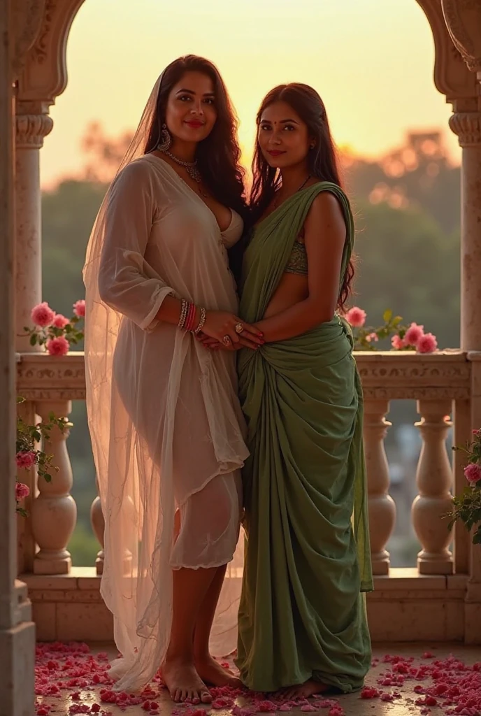 Beautiful german woman posing, naked , straight photoshoot pose, full body portrait, moonlit night, night time, winter, walking on forest path, detailed face, cute, big eyes, iconic, photorealistic, mountain temple, detailed background, small breasts, sexy thin saree, long wavy hair, symmetric face, masterpiece, 8k, ultra realistic