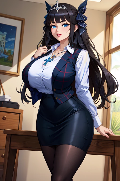 Highest quality, flying debris、Beautiful woman、officeレディー、Black Hair、(Brown eyes、Big Breasts、Blunt bangs)、long hair、チェック柄のダークブルーのofficeスーツ)、new employee,Full Body Shot、Female office lady、break(Dark blue checked vest、White dress shirt、Navy blue mini tight pencil skirt:1.2)、(Black Pantyhose、garter belt、High heels)、break(office:1.3)、Cleavage、Shirt buttons fly off、Absolute area、blush、Embarrassing、Standing posture、Open your mouth、Exposing the breasts、Bare your chest、No pants、Very good、Nipples are visible、Exposing the nipples