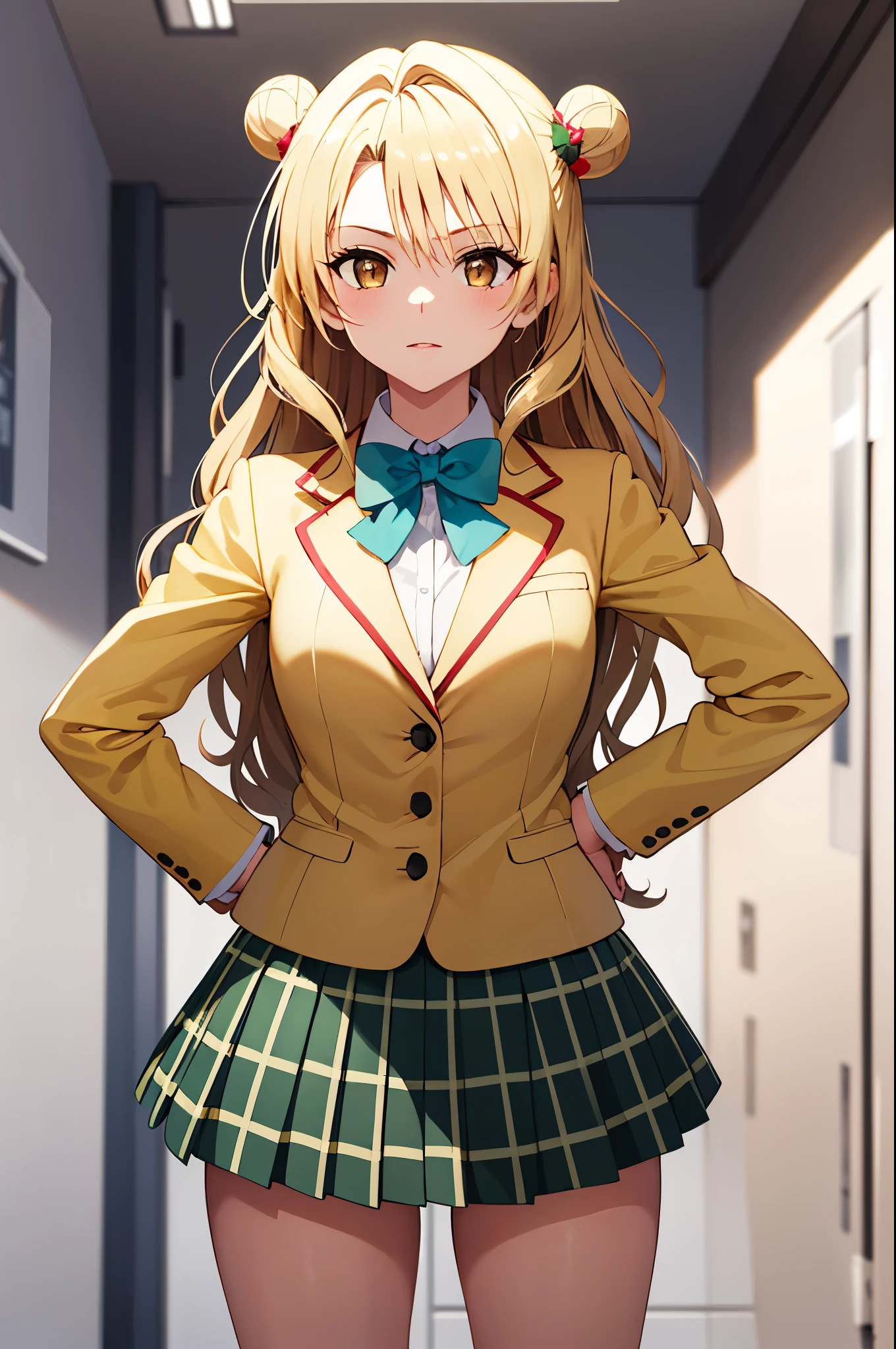 masterpiece, best quality, highres, 1girl, solo, long hair, blonde hair, double bun, brown eyes, school uniform, green bowtie, blazer, yellow jacket, long sleeves, plaid skirt, green skirt, standing ,hands on hips, school, closed mouth ,glossy lips,from below