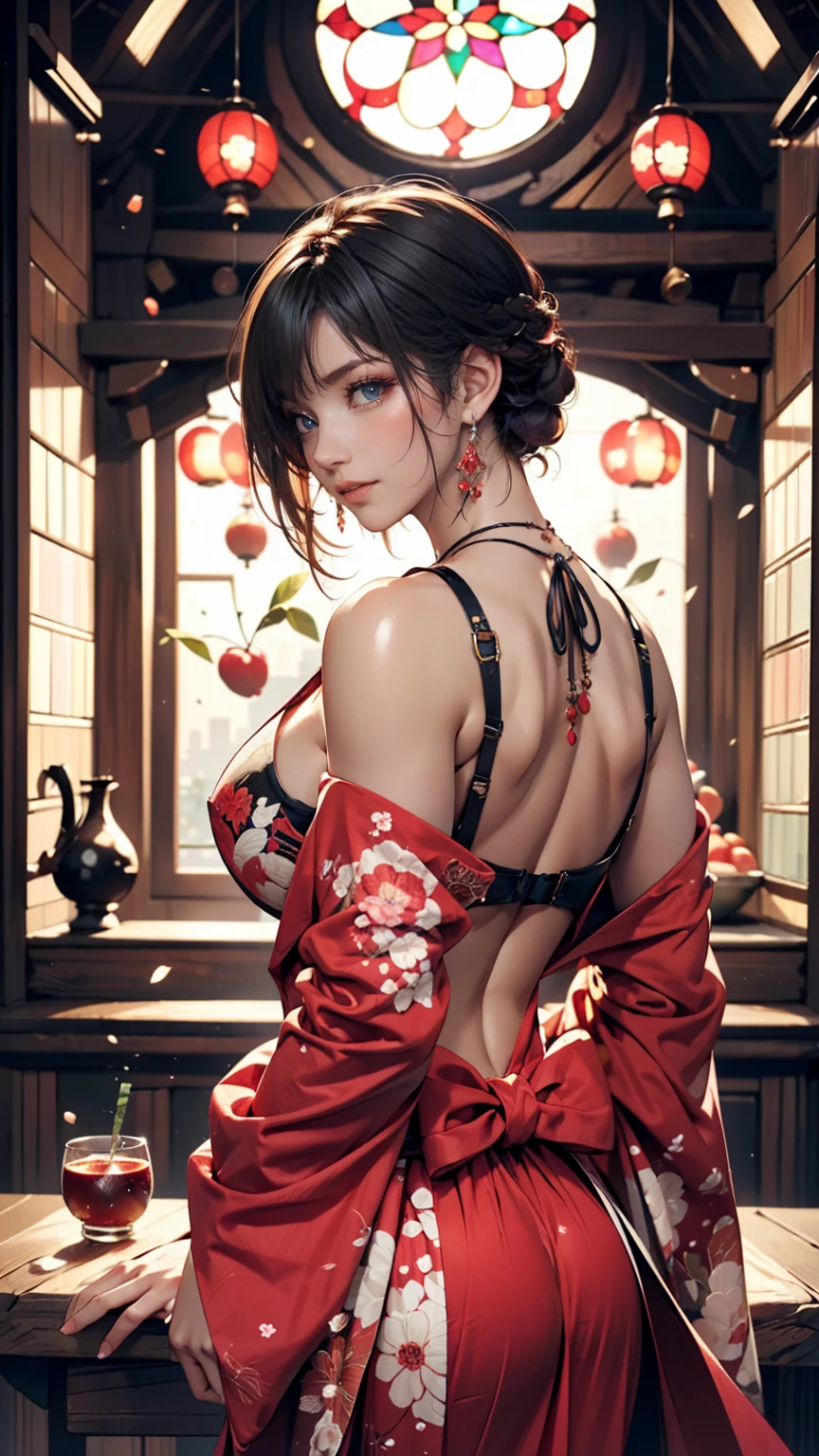 One person, (Urzan-6500:0.7), K-Pop Idols, yae miko, bikini, Removable sleeves, Exposing shoulders, Pink Hair, Long Hair, スーパーマイクロbikini, Highest quality, (Painting:1.5), (hair ornaments:1.35), jewelry, Purple eyes, Earrings, chest, torii, cherry blossoms, Lantern Light, Depth of written boundary, Detailed face, Face Focus, ribbon_trim, (View your viewers:1.25), Non-traditional Shrine Maiden, Glowing Skin, Long sleeve, smile, Thick lips, Game CG, Put your hand on your lips, East Asian architecture, (Blurred Background:1.2), Sitting, Upper Body, スーパーマイクロbikini