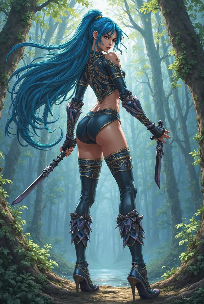 In a cinematic shot with 8k resolution, a magnificent goddess of death stands in the middle of a cemetery shrouded in (thick fog), in the heart of a jungle at dusk. Her high-quality armor, consisting of (bikini armor:1.5) (decorated with skulls), shimmers in the pale red moonlight. she wears a black tiara over her long blonde hair, framing her lovely face and charming smile. Her large blue eyes seem to pierce the darkness, while she has a (clay on her back: 1.5). The dark, fantastical atmosphere is palpable, with the fog obscuring visibility and the night air thick with mystery. sensual pose