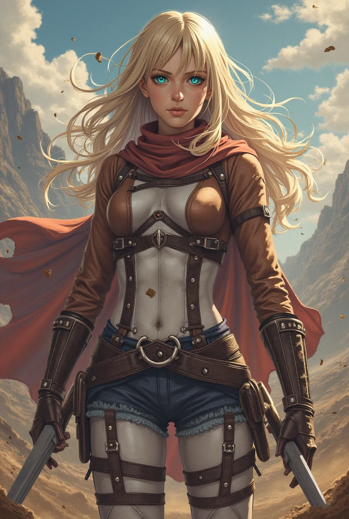 Masterpiece, highly detailed, epic shot BREAK Hot blonde woman, European Sweden, age 20, very beautiful BREAK elegant small breasts, desaturated armour of chainmail and leather stripes, (wearing a poncho:1.8) BREAK warrior, fit, lithe, curious, looking around BREAK medieval fantasy setting, mountains