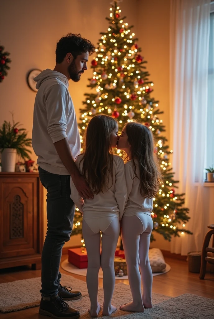 HEIC photo of a mother and father with their beautiful younger little daughters, posing in the living room in front of a Christmas tree . Father touches daughters' butts . Daughters in white tight and panties. kisses