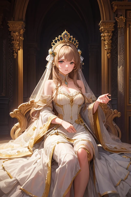 ((Finest quality)),(超A high resolution),(ultra-detailliert),(Meticulous portrayal),((Best CG)),(Finest works of art),Ultra-Precision Art,The art of astounding depiction, ((gorgeous:1.5)),(A queen:1.5),(Beautiful pure white dress with detailed and detailed:1.5),(Sparkling crown:1.4),Wang Wat,a throne, Sparkle like crystal