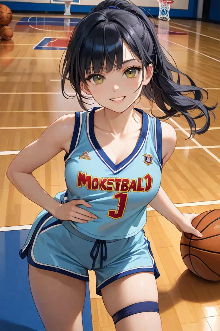 cowboy shot,looking at viewer,dribbling a basketball,,smile,sportswear for basketball, adorable, japanese girl, Hair brown hair,Braid, hair scrunchie, (high color saturation:1.0), highest quality, ultra high resolution, photo-realistic, Super detailed, 8K, RAW photo NSFW
