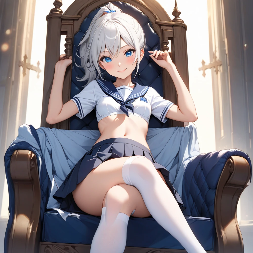 full body, 1girl, open mouth, detailed face, white hair gloss hair, tanned skin, brown skin, shoulder length hair, blue eyes, highres, highly detailed face, Detailed eyes, white shirt, short sleeves, black stockings, high stockings, pleated skirt, evil smile, commanding pose, confident expression, sitting in sofa, living room, detailed background,