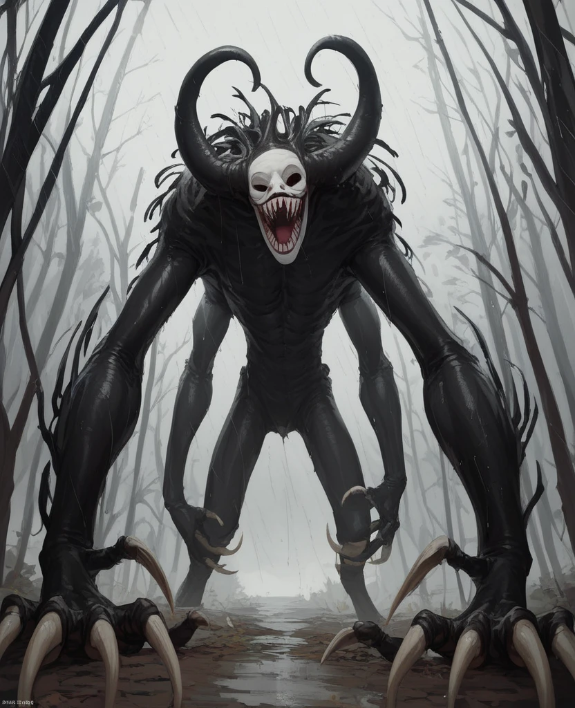 Location Foggy Forest, Tall trees, Raining, Jester, Tall, Very long arms, Black legs, sharp claws, Wide creepy smile, No eyes, Pure white face, Sharp teeth, tilting head, Looking at POV, Standing, Horror, ((best quality)), ((Masterpiece)), Ultra HD, 16K, High-resolution, Clear, No blur.