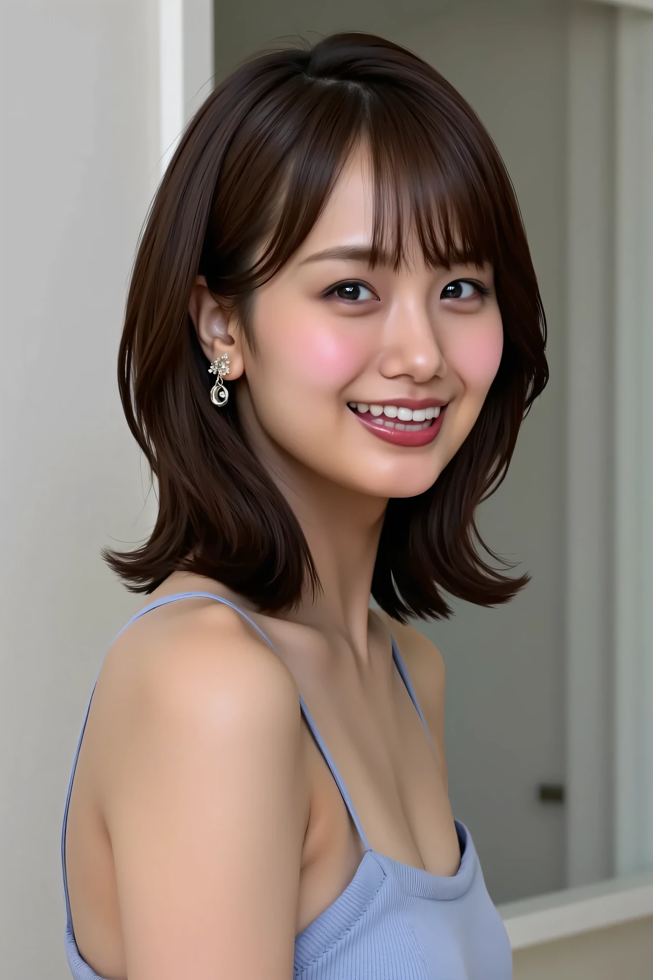 ((( high definition , top quality, very detailed, masterpiece , high-definition detailed photos , realistic , Real people々 , Super precise skin ))) , , ( from before ) , Full Body , Pre-shot , viewer , ( giggle face , open mouth wide . stick out the tongue ) , { wear a sports bra and denim shorts : 1.8 } , black hair , medium hair , medium breasts , { opposite, from the side : 1.8 } , dark time at dawn , (( keep your hair behind your ears : 1.8)) , { nsfw },