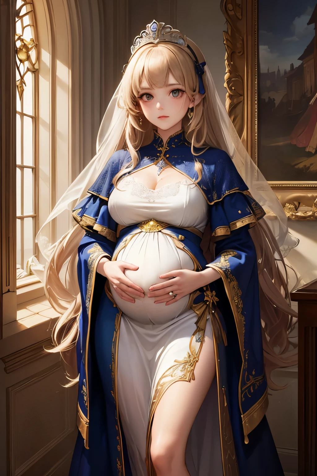 ((Highest quality)), ((masterpiece)), (detailed), (Perfect Face)、The woman is an Italian named Tsukino Usagi, and is wearing the gorgeous and glittering Italian traditional Sardinian costume in a luxurious Italian mansion, a lavishly decorated velvet jacket, a long veil, gorgeous jeweled accessories and an engagement ring. The woman and the man are sitting on a luxurious, large sofa in the luxurious room, and the woman is being held in the arms of a dignified, bearded middle-aged man wearing an Italian traditional costume.、The woman is the elegant Tsukino Usagi, with long blonde hair in a chignon twin tail, wearing a velvet jacket decorated with the Italian national costume of Sardinia, and a long veil.、the woman is pregnant