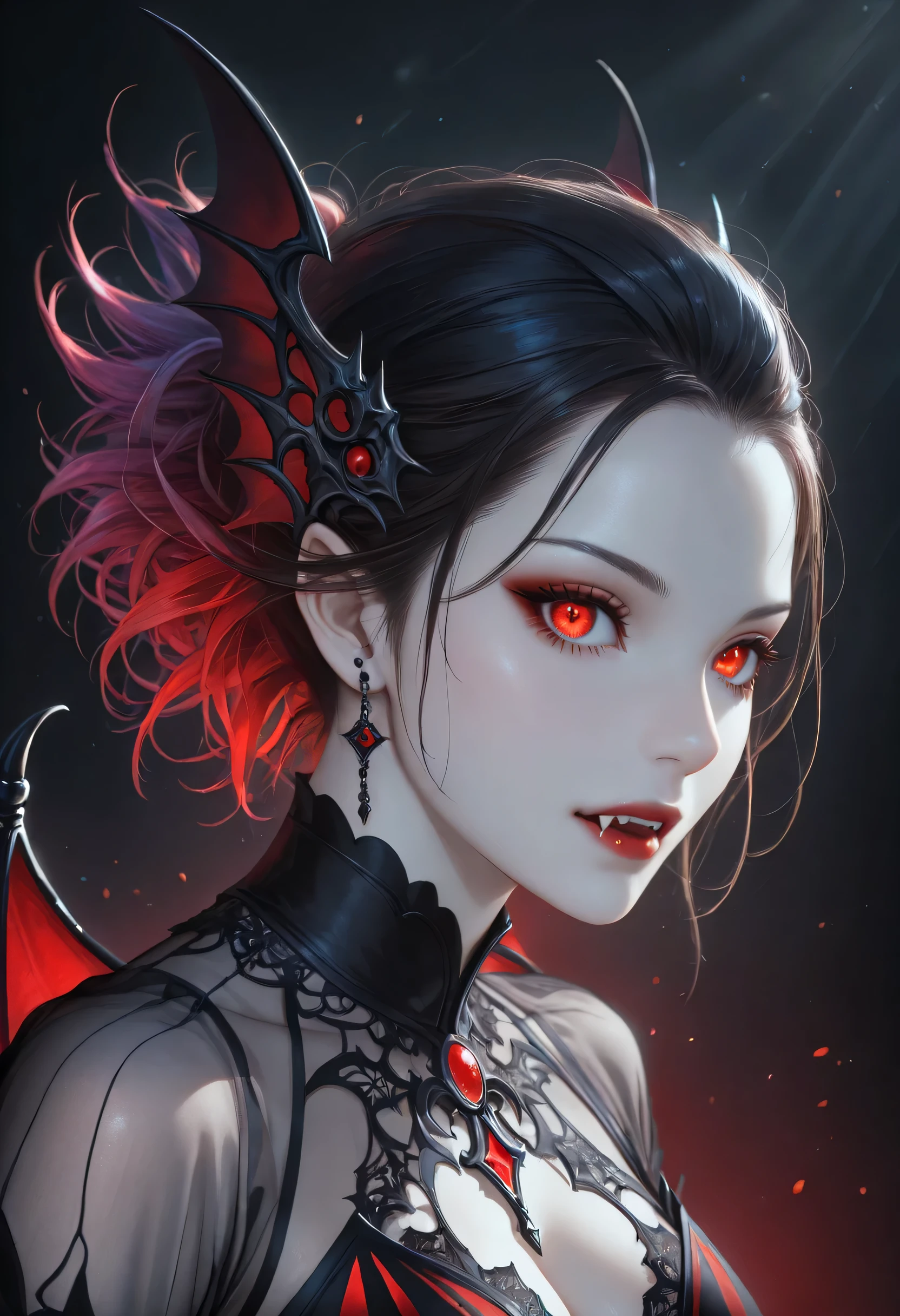 dark fantasy art, a picture of a fantasy, a beautiful female vampire, portrait, ultra feminine, best detailed body, best detailed face, best detailed face,  pale skin, dynamic hair, glowing eyes, vampire fangs, red eyes, wearing dynamic color dress, transparent fabric dress, goth dress, small cleavage, intricate dress, wearing high heels, it is night time, the moon is in the sky, a sense of dread, soft light. moon rays. high details, best quality, 16k, [ultra detailed], masterpiece, best quality, (extremely detailed), close up, ultra wide shot, photorealistic, RAW, fantasy art, dnd art, fantasy art, realistic art,((best quality)), ((masterpiece)), (detailed), perfect face, fantasy, vampyfangs1, Colorful, art by mooncryptowow