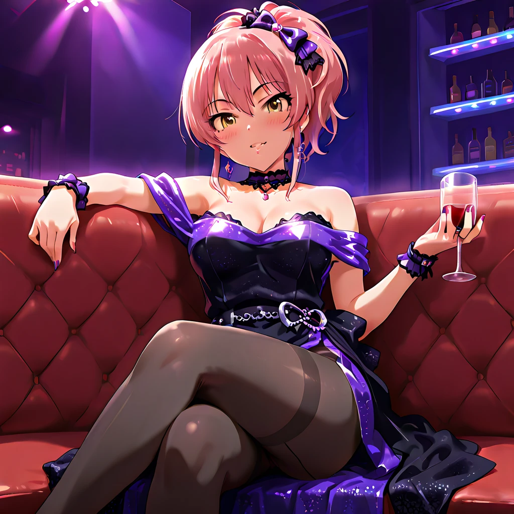 short beautiful adult women, chubby, tan skin, blue eyes, freckles, short pixie cut hair, messy hair, pink hair, big round glasses, (shiny tan skin), cute, jacket falling off, skirt, leggings, heels, open cleavage tank top, visible cleavage, freckles on chest, beauty marks on body,