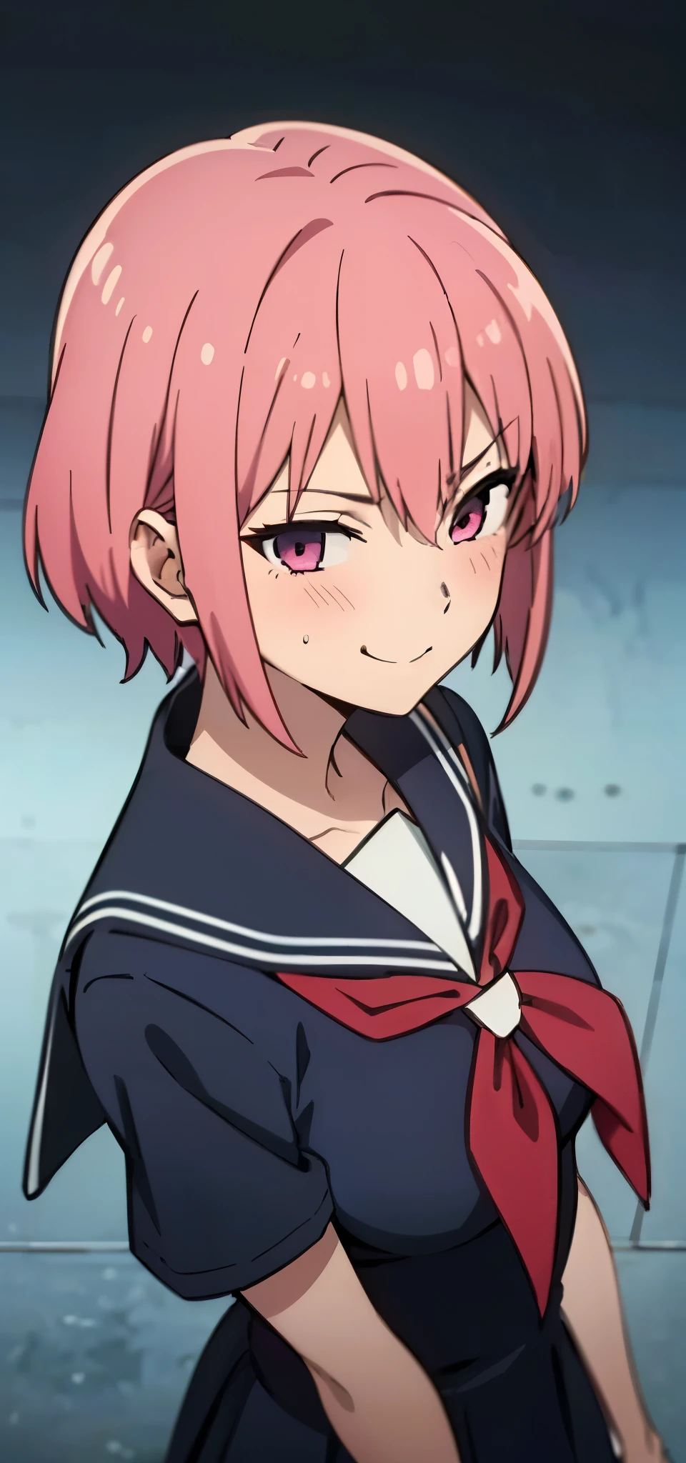 anime girl noughty smirks, blushing, wear sailor uniform, top view, short hair, horrny , big , huge breast