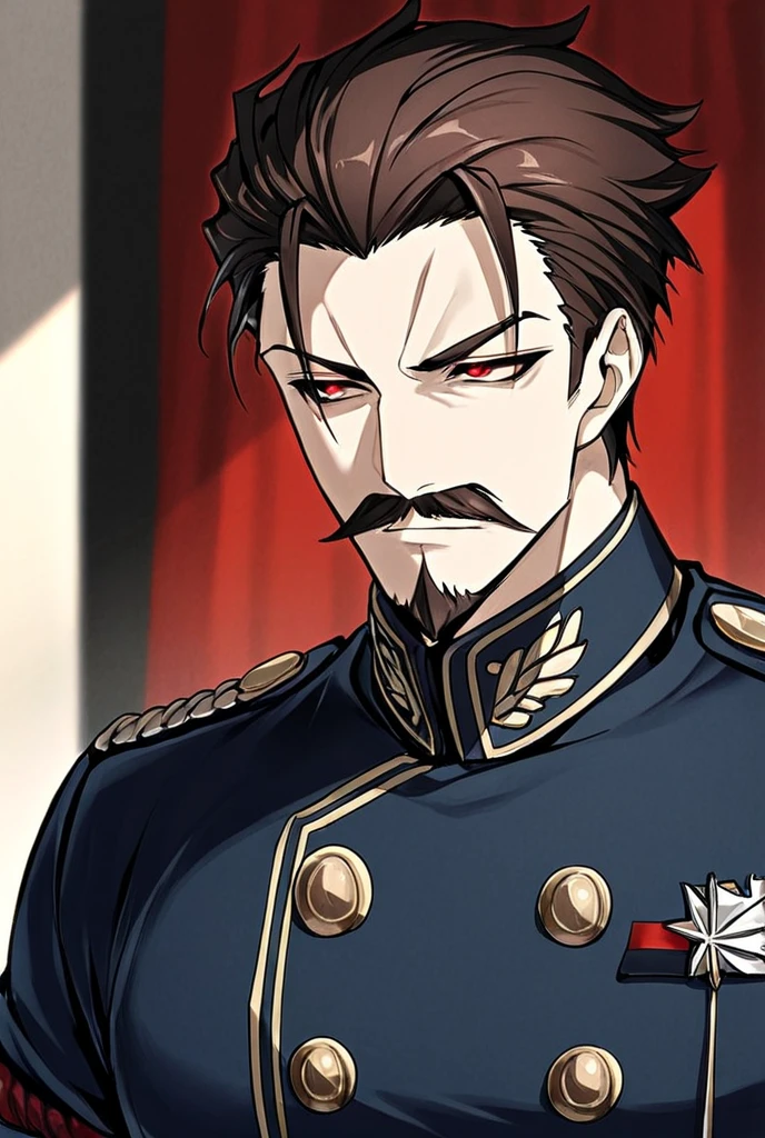 score_9, score_8_up, score_7_up, score_6_up, source_anime, perfect , perfect proportions, best quality, masterpiece, high_resolution, high quality, aesthetic, absurdres, (male focus), solo male, Toshizo Okita \(Warlords of Sigrdrifa\), black hair, multicolored hair, streaked hair, slicked back hairstyle, black eyes, facial hair, beard, military uniform, white collared shirt, black necktie, black jacket, rank slides, mature, masculine, manly, handsome, charming, alluring, standing, upper body, dutch angle, portrait, headshot<lora:EMS-421708-EMS:0.800000>