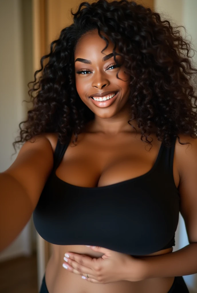 selfie of a black sexy lady smiling at the camera , curly hair , wearing tiger bandana , and grey sexy top , with huge tits boobs , high definition quality 4k .