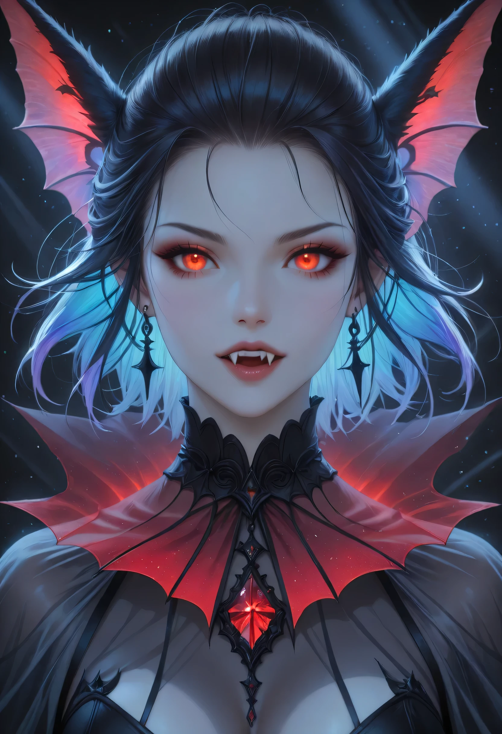 dark fantasy art, a picture of a fantasy, a beautiful female vampire, portrait, ultra feminine, best detailed body, best detailed face, best detailed face,  pale skin, dynamic hair, glowing eyes, vampire fangs, red eyes, wearing dynamic color dress, transparent fabric dress, goth dress, small cleavage, intricate dress, wearing high heels, it is night time, the moon is in the sky, a sense of dread, soft light. moon rays. high details, best quality, 16k, [ultra detailed], masterpiece, best quality, (extremely detailed), close up, ultra wide shot, photorealistic, RAW, fantasy art, dnd art, fantasy art, realistic art,((best quality)), ((masterpiece)), (detailed), perfect face, fantasy, vampyfangs1, Colorful, art by mooncryptowow