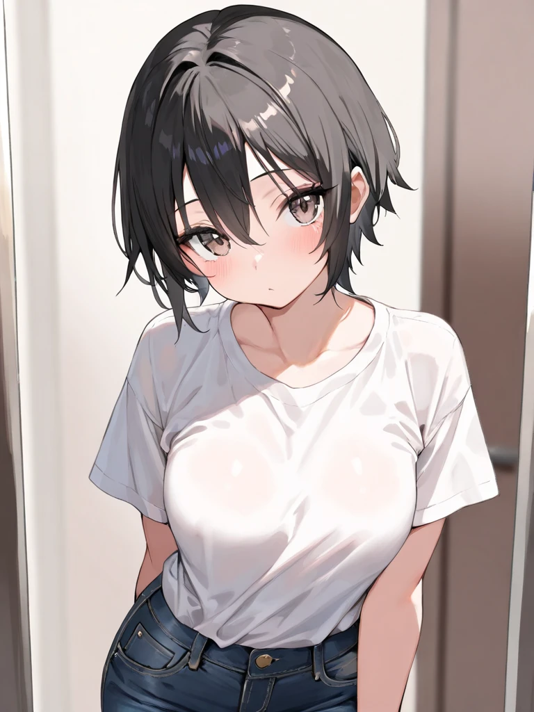 (head shot:1.2), (from above:1.2), frame in, from right in front of face and body, view straight on, upper body, High quality, very high res, High quality, very high res, cute girl, brown hair, forehead, blunt bangs, bob cut, blush, Brushed up bangs, wearing a plain t-shirt, shirt lift, medium breasts, pale pink nipples, I can see your belly button, (kneeling down pose), fellatio, pleated skirt, smiling with open mouth, at office