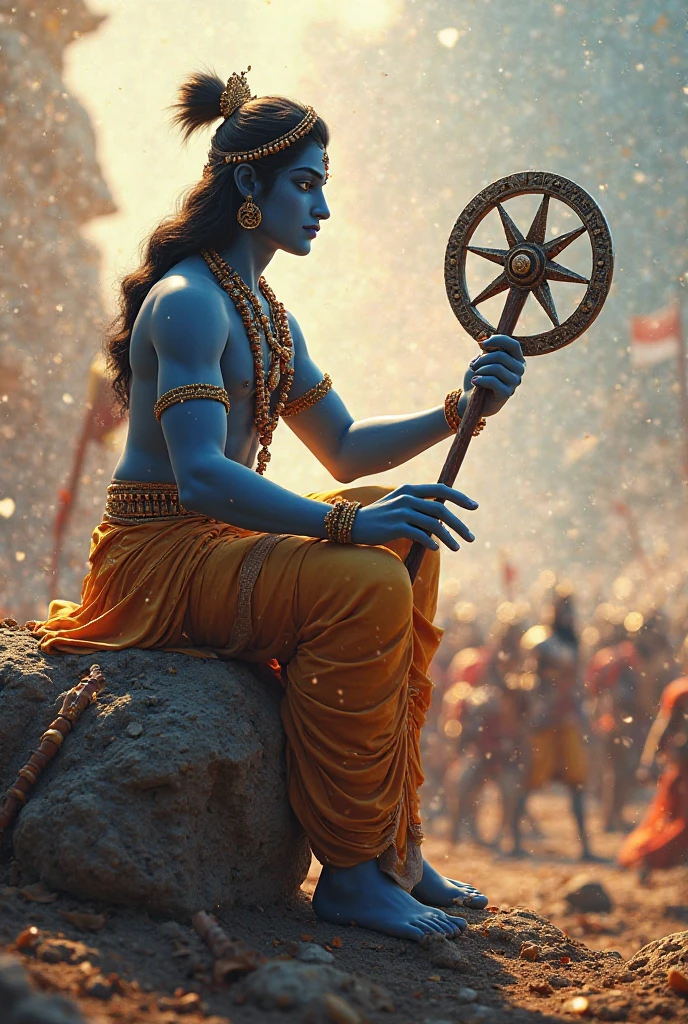 Change background vrundavan theme realistic lord krishna statue in the sky with his flute and devotee worshiping him