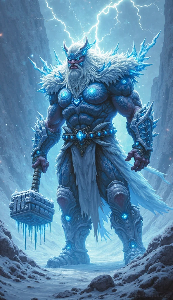 (good structure),high dynamic range,ultra high definition,8k,Ice Giant,Giant Clan, bare pectorals, crystal, fur trim, glowing, ice, large pectorals, male focus,A floating giant ice hockey ball,smoke,Ice blue skin,Frozen on the body, muscular, muscular male, pectorals, solo, thick thighs, thighs, white fur, white hair
