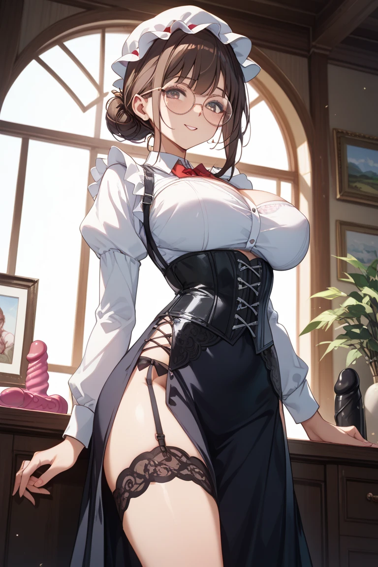 Best Quality, masterpiece, horny secretary, Wearing glasses, big tight, mama, wearing corset and stockings, ultra high resolution,detailed background,realist,hades style,Alone,women,maduro,Only,maduro,mama, female, long black hair, \(him\),dark fantasy,devil,depth of field