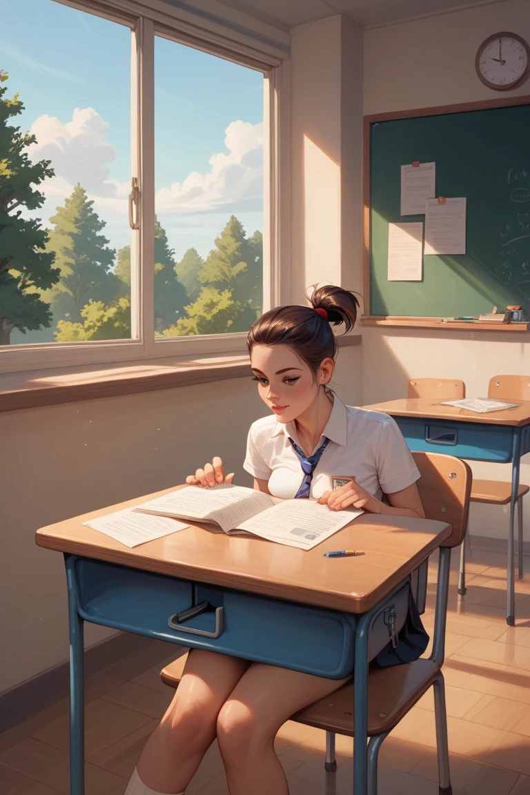 A beautiful African fair in complexion teenage girl with long curly ponytail full hair wearing a white shirt and a shirt skirt Japanese uniform. Sitting alone in her class, reading her books. realistic paint