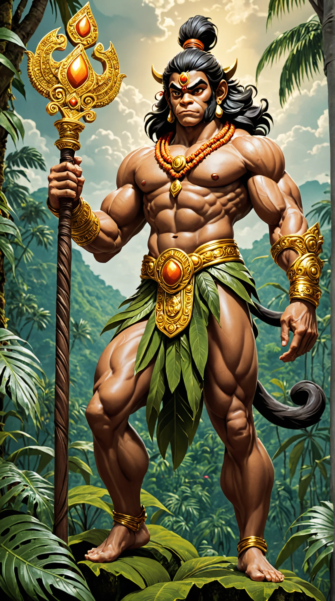 Sculpted warrior, exposed upper torso, legs bared from thighs to feet, flowing long curls, intricate muscular details, photorealistic depiction, 4K resolution. Background: Ancient temple ruins in a lush jungle,32k uhd, best quality, masterpiece, super detail, high details