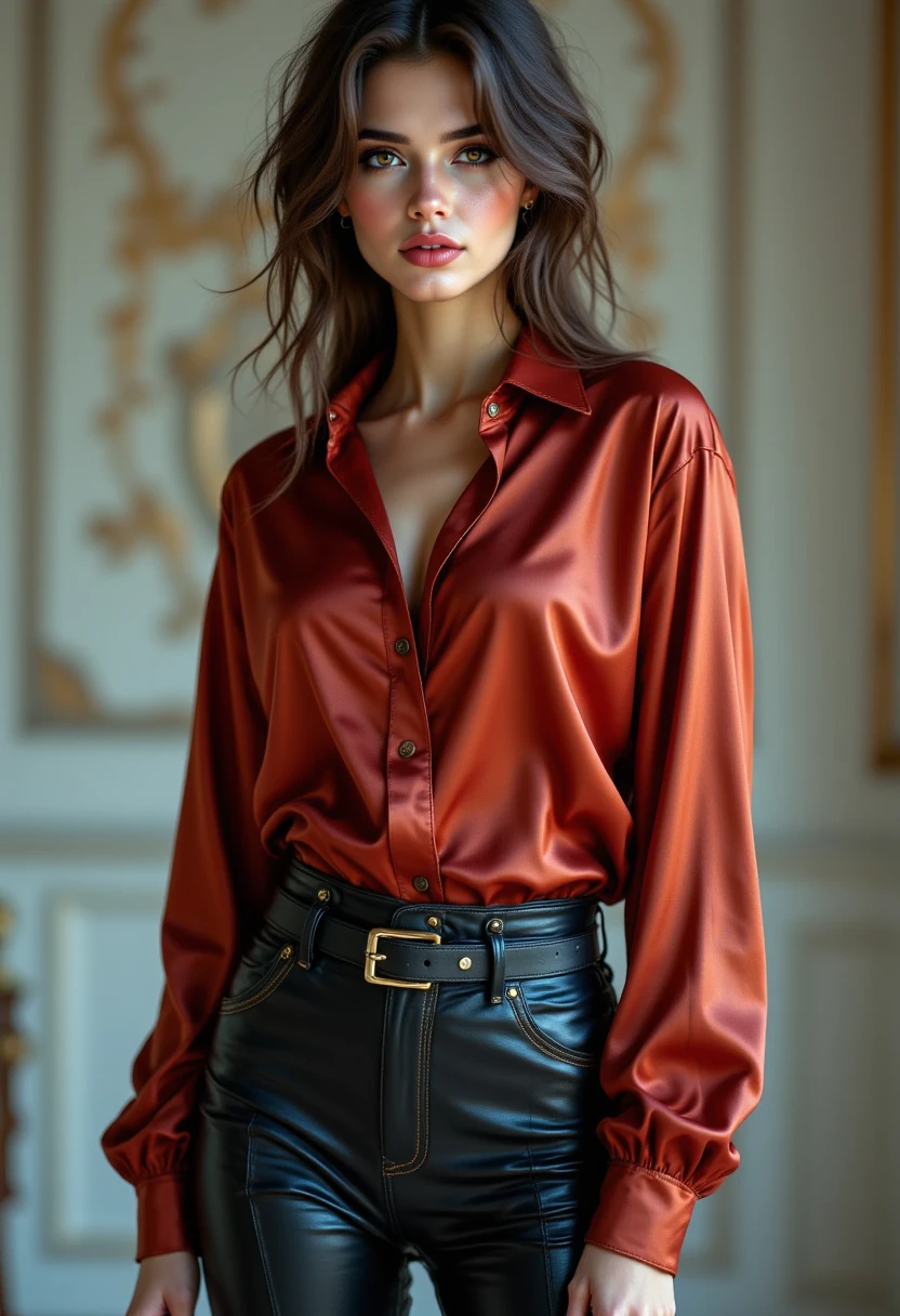 Lisa Ann,  black hair, gorgeous eyes, high arched eyebrows, seductive look,big breasts, (crimson low-cut silk shirt:1.5), black leather pants, stilettos, midnight modern metropolis, spot lighting, backlight on hair, shallow depth of field, bokeh, sexy pose