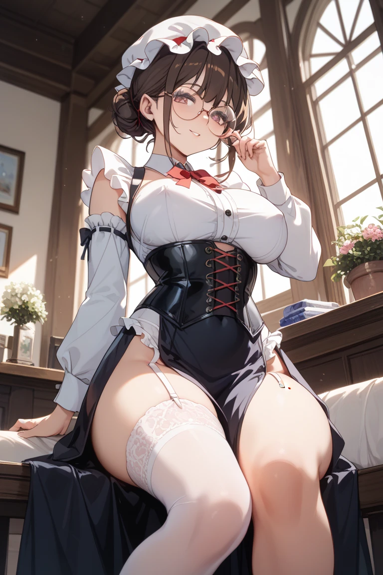 ((masterpiece)), ((best quality)), (ultra-detailed), lovely, ((sexy)), (ero), ((extremely detailed)), 4K, (8K), best quality, (beautiful),
1girl, beautiful blue eyes, beautiful black twintail hair, glasses,
gymnasium, audience, squatting,
maid uniform, open-button shirt, pleated skirt, frills, fishnet stockings,
((White panties, cameltoe)),
buttocks, large breast, sweaty, wet body, navel out, thighs out, slim, slender, ribon, ashamed, blush, translucent body, Transparent, shiny-glistening, gleaming,