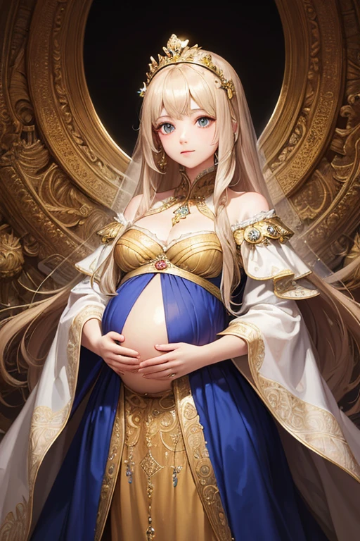 Beautiful pregnant queen, wavy blonde hair, blue eyes, ornate white dress with gold details, cleavage 
