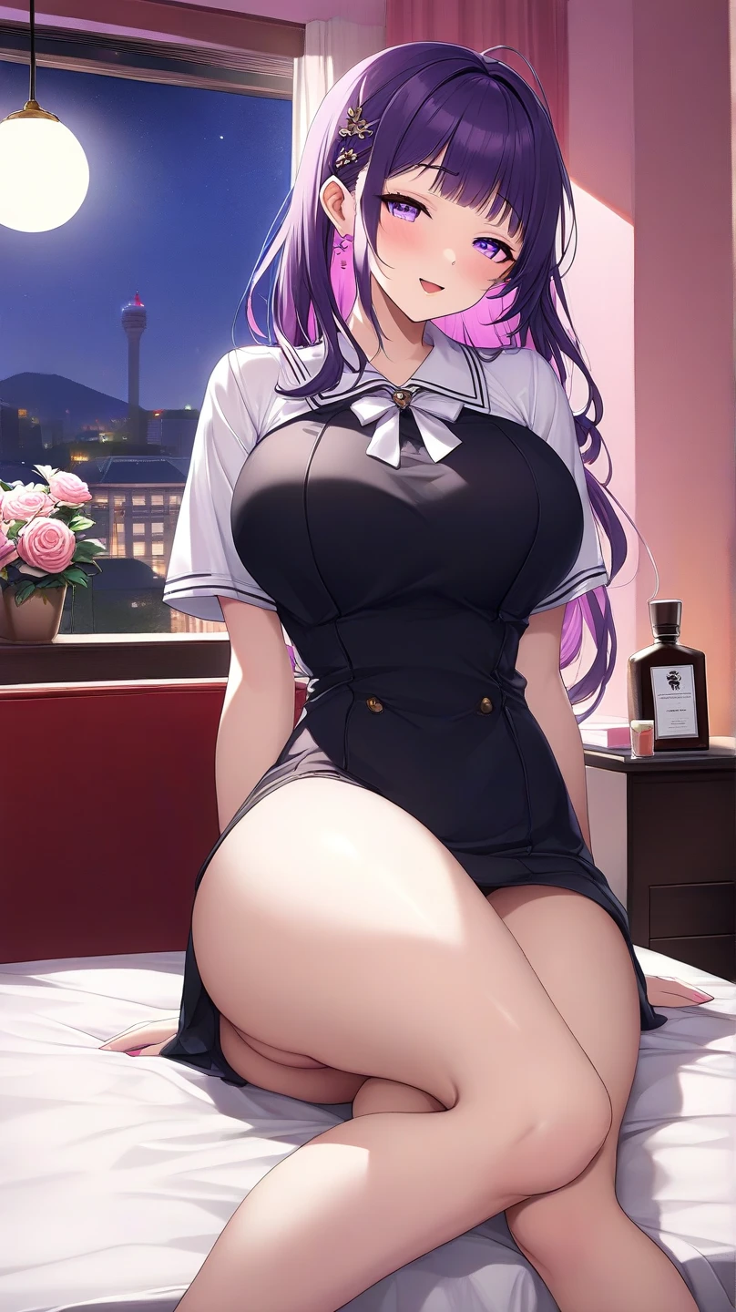 PERFECT MASTERPIECE, EXTREMELY DETAILED CG UNITY 8K UHD QUALITY RESOLUTION, RAW PHOTO, PHOTOREALISTIC, OFFICIAL ART, AWARD-WINNING PORTRAIT, PROFESSIONAL CINEMATIC LIGHTING, PROFESSIONAL FILM QUALITY, OCTANE RENDERING, The most beautiful and sexy school girl, very long purple colored hair in pigtails, vibrant moonlight eyes, long detailed eyelashes, blushing, full pouting pink lips, super huge enormously gigantic tits, cleavage showing, huge enormously gigantic ass, curvy body type, small waist, full hips, wearing a school girl uniform and school girl skirt, white panties showing, laying down on her stomach in her bed arching her back with her butt facing up, looking back at the viewer, close up pov camera view from above, sexy seductive slutty facial expression, luxurious bedroom background
