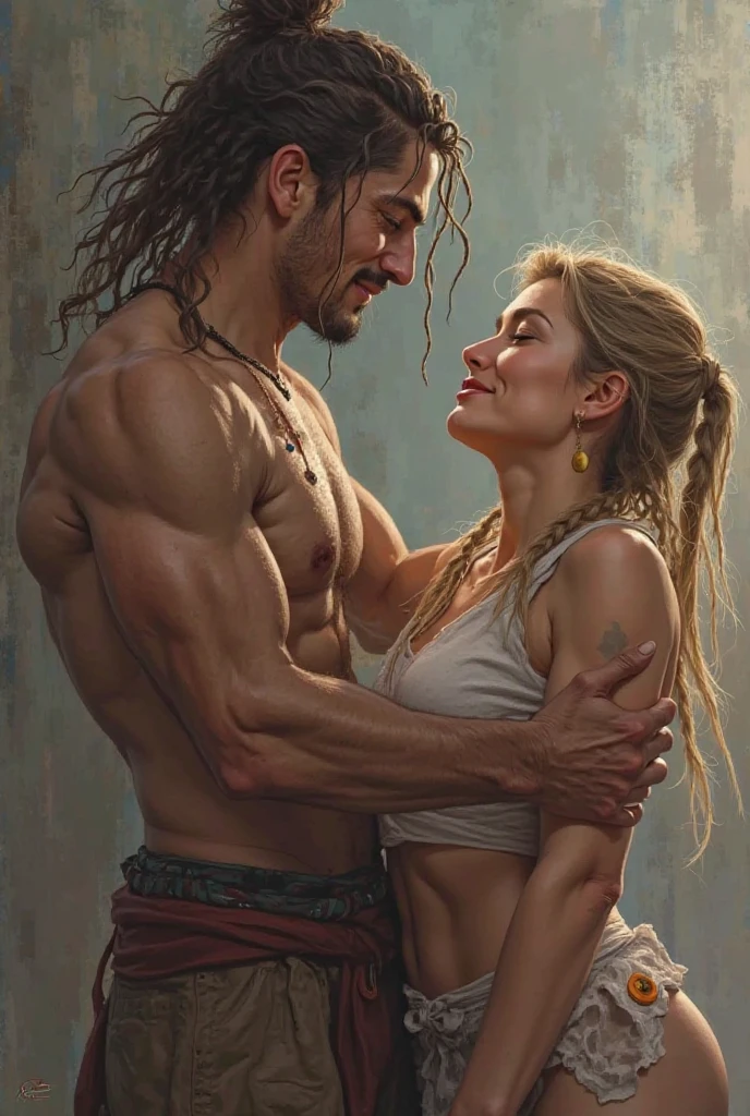 
Small muscular man saving an old woman from a tree