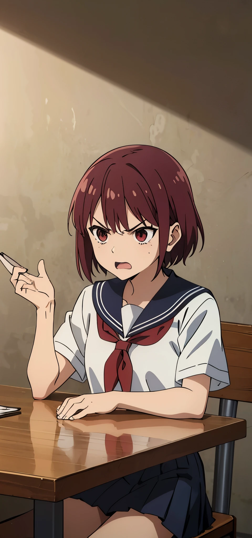 anime girl, angry, wearing sailor uniform,  short hair, horrny , sit on the table 