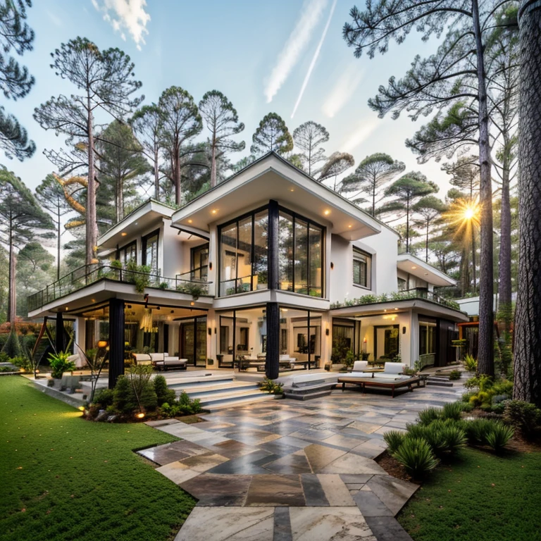 Masterpiece, high quality, best quality, authentic, super detail, exterior (white walls:1.5), walking path, garden lawn, natural stone slabs, tropical pine forest, (pine forest:1.5), garden lights, roof windows, chimney, smokestack, (sunset), led stairs, garden lights, BBQ, relaxing sitting space, leather sofa, outdoor wood furniture, umbrella, (soft lighting), vivid colour hight detailed, 8k uhd, dslr, film grain, Fujifilm XT3, AnNguyen_villadalat_v1
