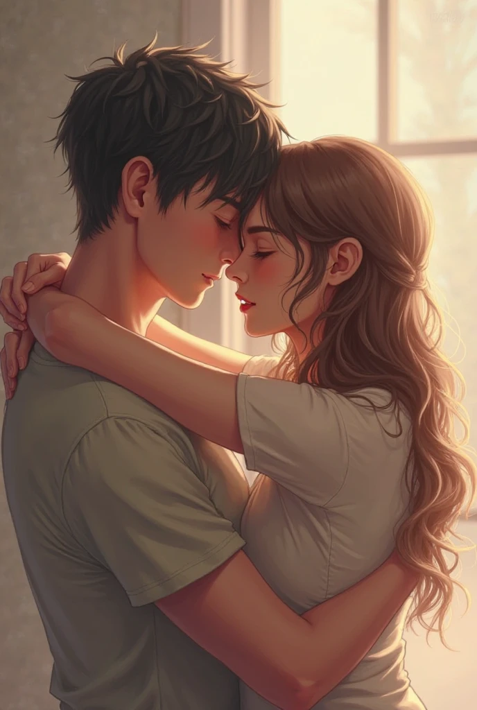 A beautiful girl crying in her boyfriend's arm, outside the school,