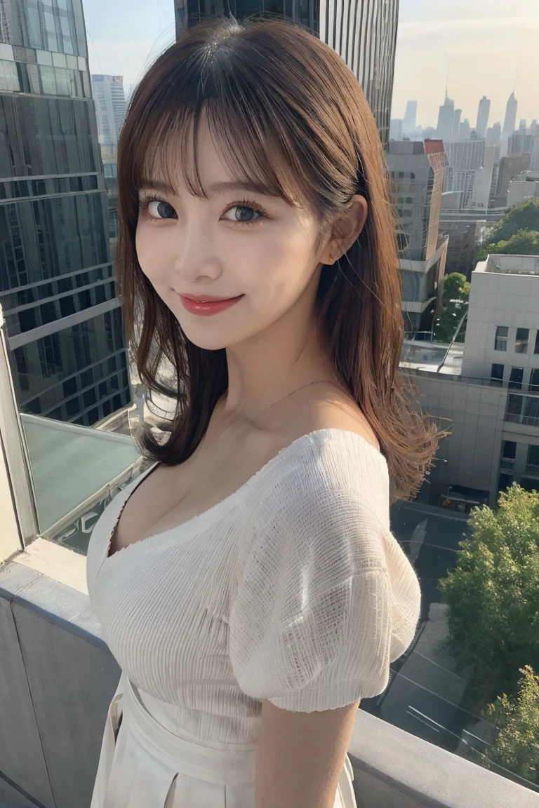 masutepiece, Best Quality, Illustration, Ultra-detailed, finely detail, hight resolution, 8K Wallpaper, Perfect dynamic composition, Beautiful detailed eyes, doress,Medium Hair, mid-chest, Natural Color Lip, Random and sexy poses,Smile,Aoyama Street Walk、20 years girl、Colossal tits、Too much exposure、Knitted tops