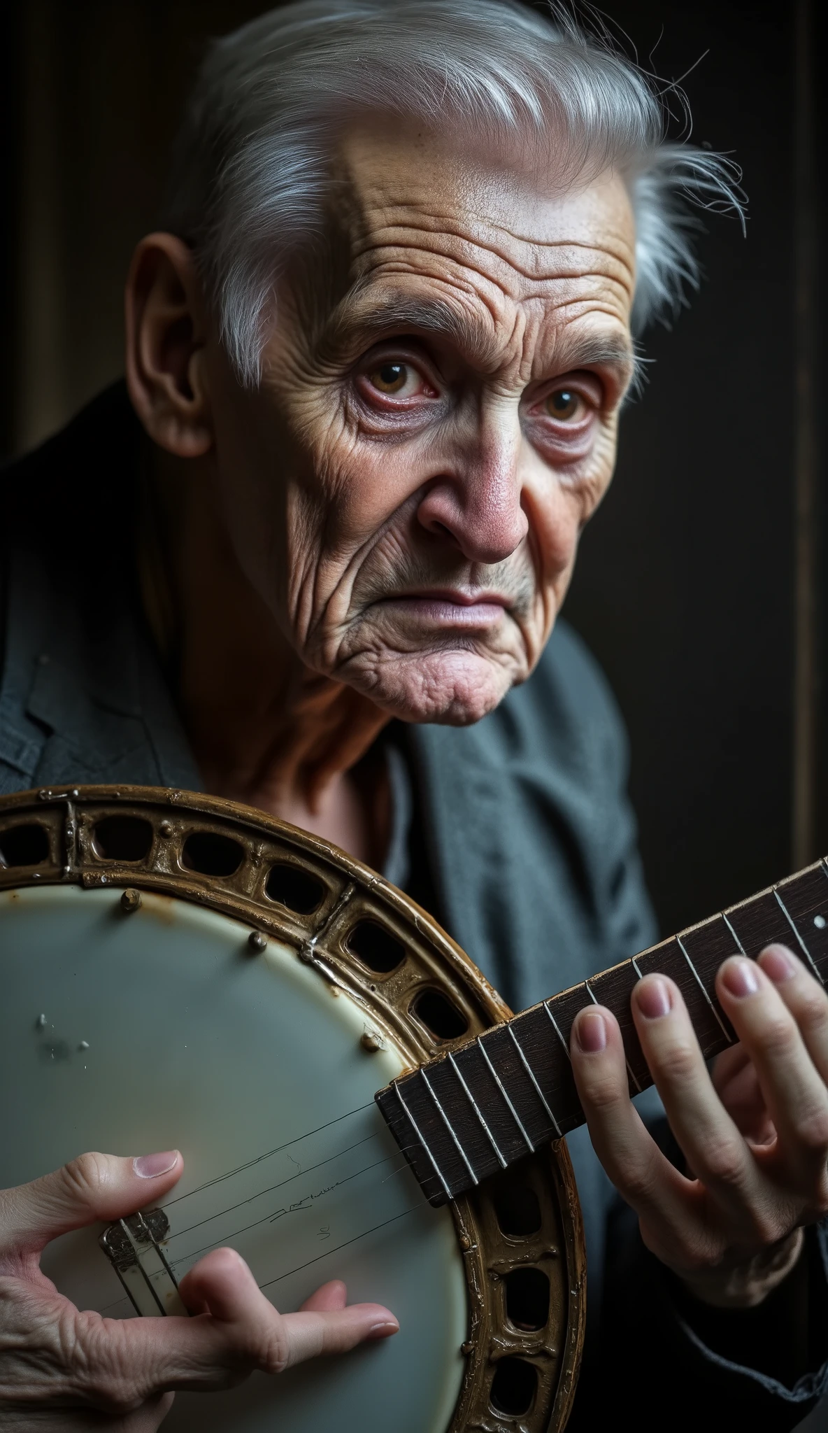 In an extreme close-up shot, focus solely on the deeply wrinkled, tired face of an elderly country man and the aged banjo he is playing. His sorrowful, nostalgic eyes and every line of his weathered skin tell a story of a long, hard life. The texture of the worn banjo is clearly visible alongside his expressive features, with soft, vintage lighting enhancing the raw emotion. The background is completely blurred, ensuring that only his face and the instrument capture the viewer’s attention