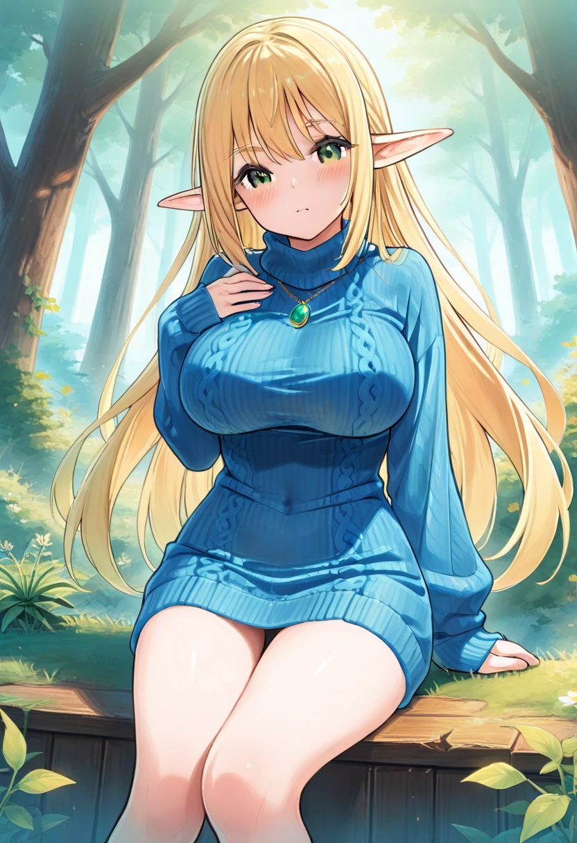 ((1 girl)),((alone)), Sui tsundere elf, girl of medium height, serious expression, embarrassed, blushing, looking at viewer, hands on waist, long hair, blonde hair, green eyes, pointed ears, elf, multicolored hair, jewel on the forehead, (green sweater dress, ribbed sweater, bare legs, green shoes, bare back, bare arms), interior, medieval inn, bedroom, night, window, moon, town lights, leaning on , smile, small breasts, narrow waist, wide hips, wide thighs, round butt, curvy body, perfect body, perfect toes,((only)),Standing,dynamic pose,cowboy shot,Dutch angle,Ultra detailed, Masterpiece,detailed eyes,detailed background,sharp focus,Looking forward,((focus on breasts)),pov(from above),perfect hands,perfect anatomy