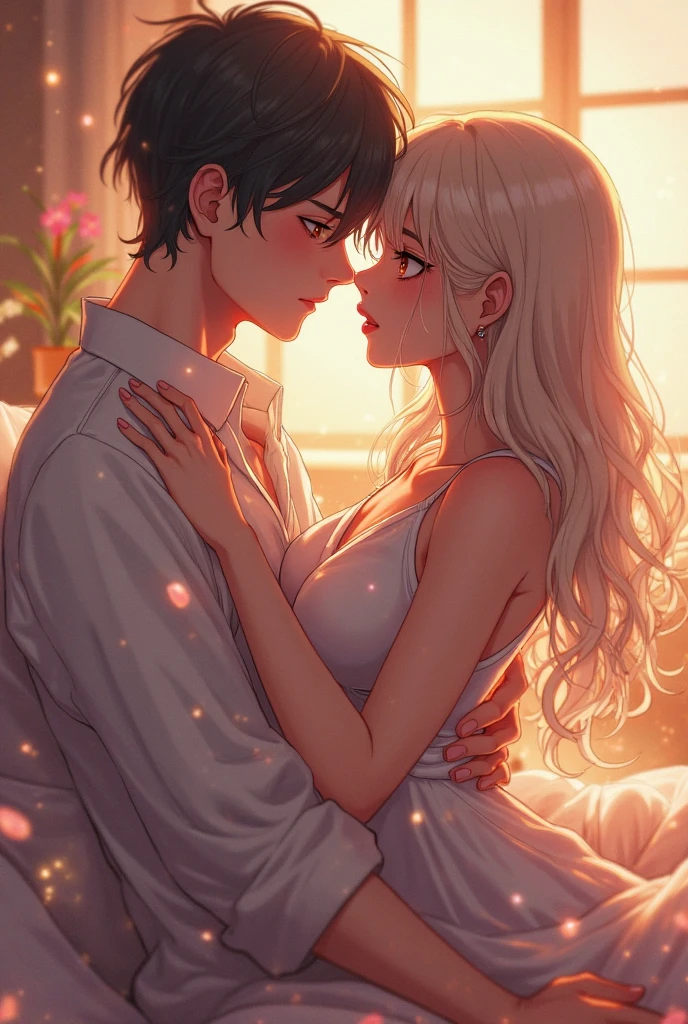 Amazing portrait of a sexy and woman wearing a black and white striped t shirt and a dark green skirt kissing and making out passionately with a shirtless boy on the bed in an intimate setting