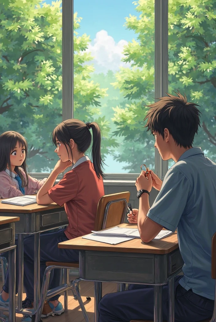 A school girl talking with her friends and a boy sitting nervously in a classroom