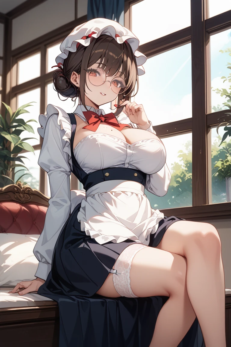 score_9, score_8_up, score_7_up, source_anime, 1girl, black hair, brown eyes, medium hair, cat ears, large breasts, eyeglasses, micro bikini maid, headdress, blouse, skirt, apron, ??????, light smile, private room, mansion,