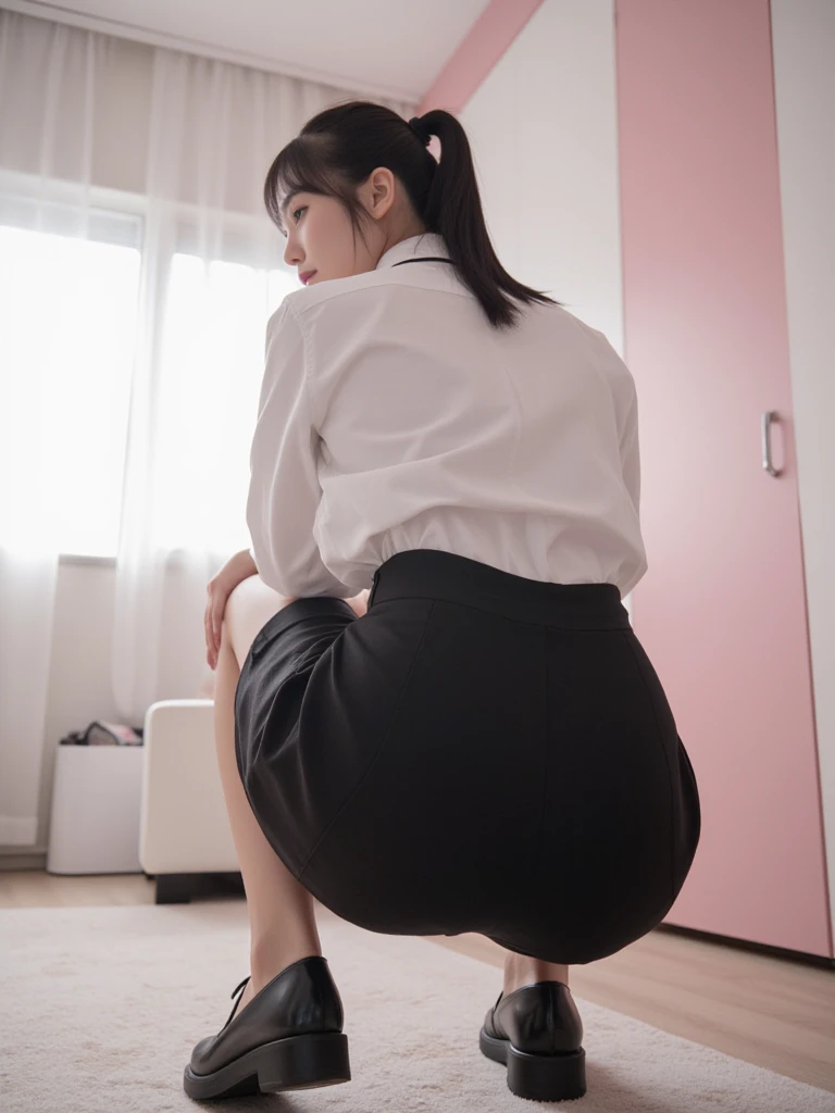 masterpiece、highest quality、female 1、Super detailed black hair Japanese high school girl uniform、long skirt、pleated skirt、knee high socks back view、soft thighs、butt、back Straddling a man's body、crawl on all fours、SEX in、play sex、sex、Sprinkle sperm、large amount of sperm、Soaked in stillness、intense sex、Hard insertion、Creampie