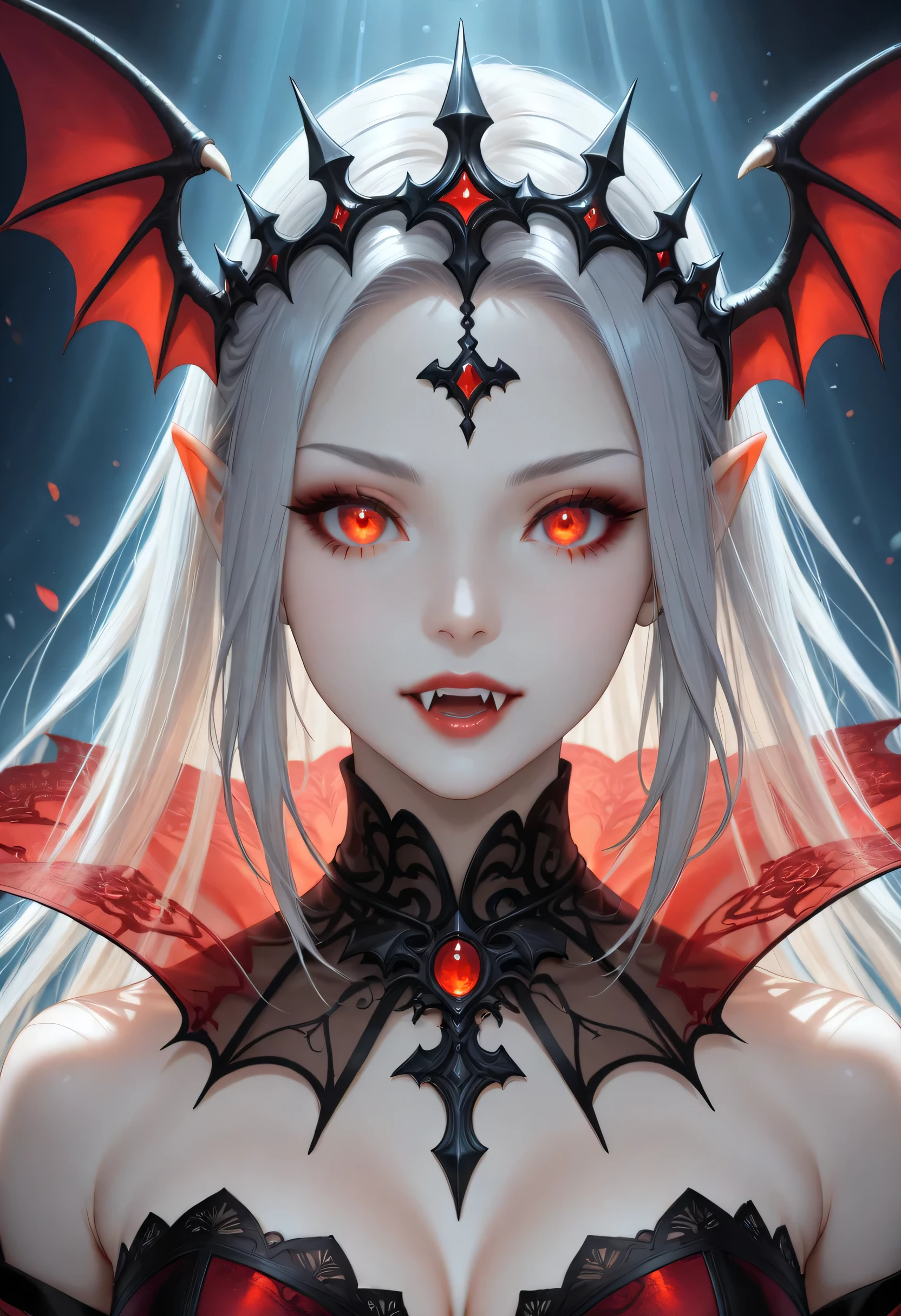 dark fantasy art, a picture of a fantasy, a beautiful female vampire, portrait, ultra feminine, best detailed body, best detailed face, best detailed face,  pale skin, dynamic hair, glowing eyes, vampire fangs, red eyes, wearing dynamic color dress, transparent fabric voile  dress, goth dress, small cleavage, intricate dress, wearing high heels, it is night time, the moon is in the sky, a sense of dread, soft light. moon rays. high details, best quality, 16k, [ultra detailed], masterpiece, best quality, (extremely detailed), close up, ultra wide shot, photorealistic, RAW, fantasy art, dnd art, fantasy art, realistic art,((best quality)), ((masterpiece)), (detailed), perfect face, fantasy, vampyfangs1, Colorful, art by mooncryptowow